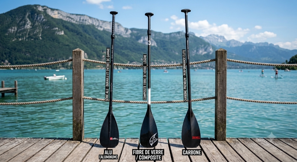 Comparatif des 3 grandes familles de pagaies de Stand Up Paddle : aluminium, fibre de verre composite et 100% carbone posées sur un ponton de lac