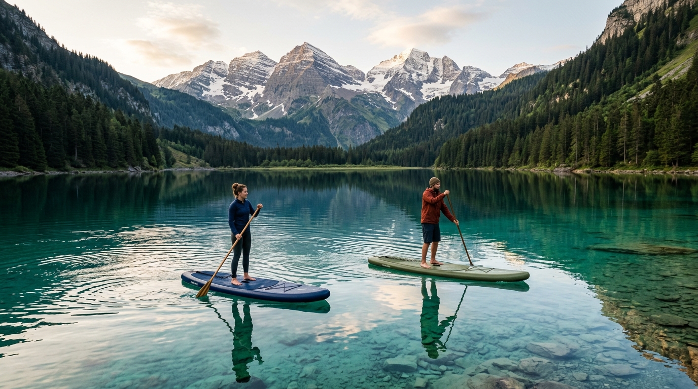 Pratiquants de paddle naviguant au petit matin sur un lac alpin calme et préservé