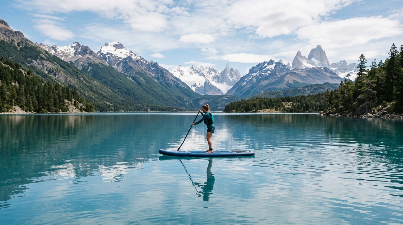 Pratiquant de Stand Up Paddle sur un plan d'eau calme avec brise légère en montagne